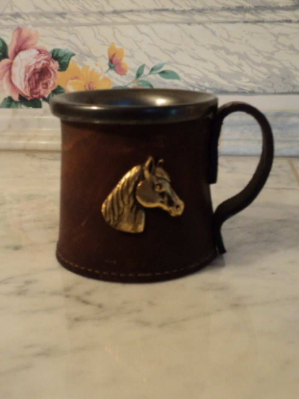 vintage leather brass horse mug~ England